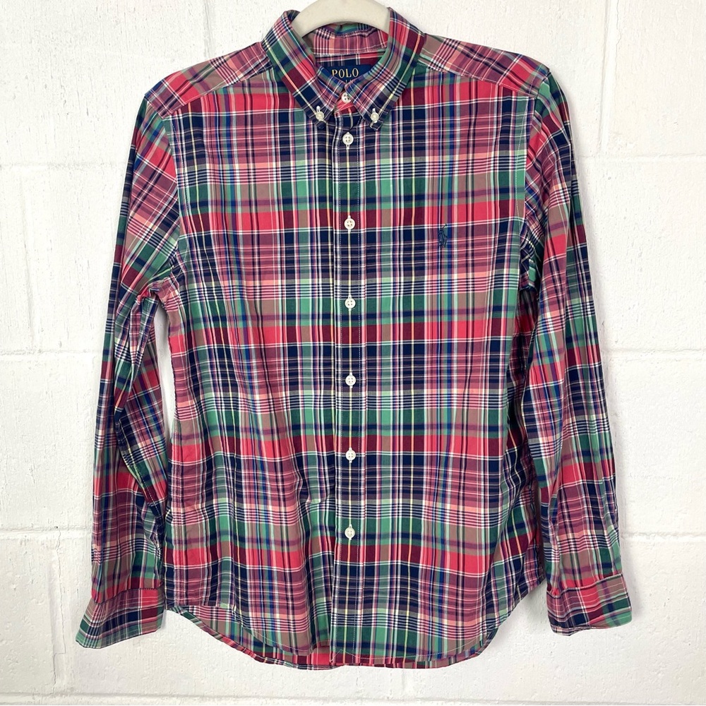 Polo Ralph Lauren Boys Madras Plaid Long Sleeve Button Down Shirt Preppy L 14/16